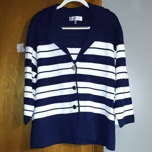 Kasper Blue and White Striped Cardigan Sweater V-Neck
